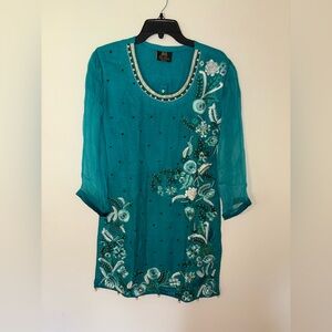 Embroidered Teal Women's Top/ Pants/ Scarf Set Size Women’s Small